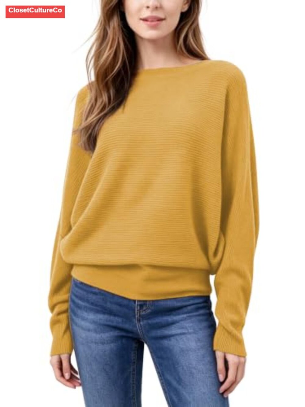 Woman Boat Neck Batwing Sleeve Ribbed Knit Oversized Pullover Sweater